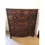 Large bow fronted mahogany chest of six drawers with turned handles, approx 108cm x 61cm x 124cm