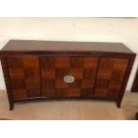 Large Oriental-style Mid Century curved sideboard with three cupboards and internal drawer, approx