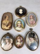 Collection of six framed miniatures and a framed cameo, the largest approx 11cm in height