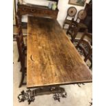 Oak refectory plank top dining table with four rush seated oak ladder back chairs, table approx