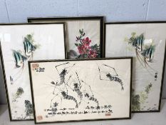 Collection of four Chinese ink paintings depicting fish, prawns and blossom, the largest approx 73cm