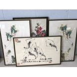 Collection of four Chinese ink paintings depicting fish, prawns and blossom, the largest approx 73cm