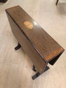 Inlaid drop leaf sofa table on turned legs with castors, approx 67cm x 54cm x 56cm tall