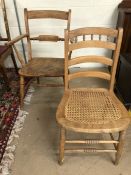 Pine elbow chair and a pine occasional chair with lattice seat