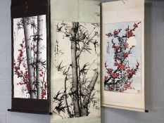 Collection of three Chinese Oriental ink and watercolour painted scrolls depicting bamboo and