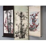 Collection of three Chinese Oriental ink and watercolour painted scrolls depicting bamboo and