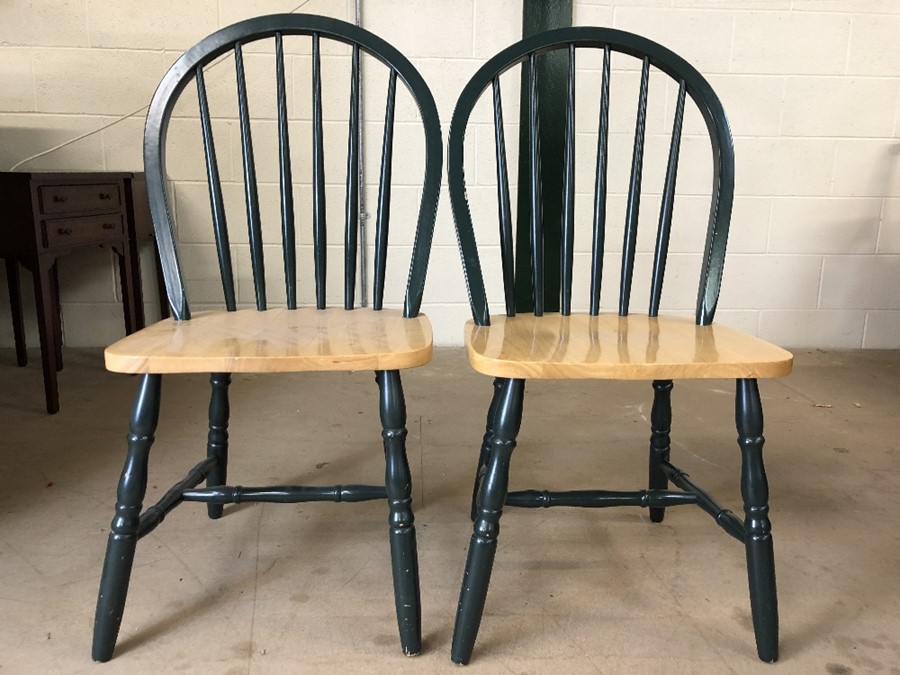 Pair of modern chairs with green painted slat back and pine seats