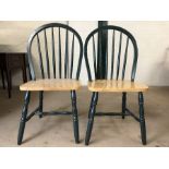 Pair of modern chairs with green painted slat back and pine seats