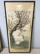 Very large framed Chinese ink and watercolour study of turkey resting under blossom tree, approx