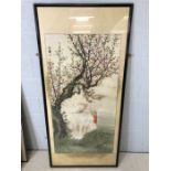 Very large framed Chinese ink and watercolour study of turkey resting under blossom tree, approx