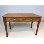 Large Victorian oak school desk with brass cup handles and ink well holders, approx 122cm x 68cm x