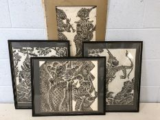 Collection of Thai charcoal rubbings, three framed, one unframed, each approx 44cm x 54cm
