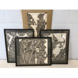 Collection of Thai charcoal rubbings, three framed, one unframed, each approx 44cm x 54cm