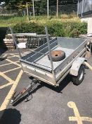 Aluminium car trailer by Noval with electrics and spare tire, load area approx 100cm x 155cm
