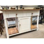 Cottage kitchen style pine and painted unit on turned legs with two drawers and cupboard, approx