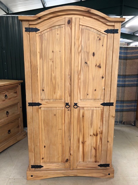 Small pine wardrobe with hanging rail and shelf internally, approx 98cm x 55cm x 184cm tall