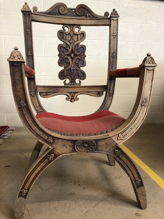 French X-frame carved wooden medieval-style side chair with upholstered seat - Image 2 of 4