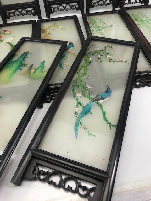 Collection of hand painted Chinese glass screens depicting birds in pierced wooden frames, - Image 2 of 8