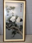 Framed Chinese silk embroidery on silk depicting cranes, approx 126cm x 67cm
