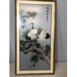 Framed Chinese silk embroidery on silk depicting cranes, approx 126cm x 67cm