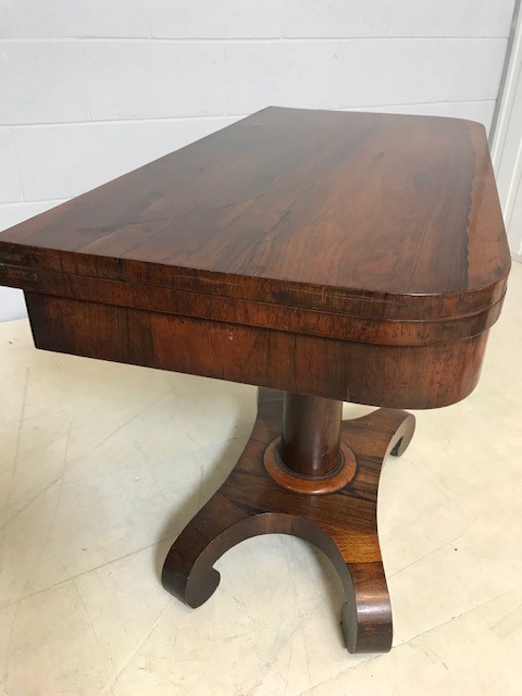 Walnut veneered card table on pedestal base with green baize, approx 92cm x 45cm x 72cm tall ( - Image 2 of 5