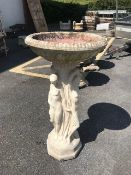 Tall white stone Garden Bird bath supported by Maidens approx 78cm tall