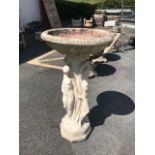 Tall white stone Garden Bird bath supported by Maidens approx 78cm tall