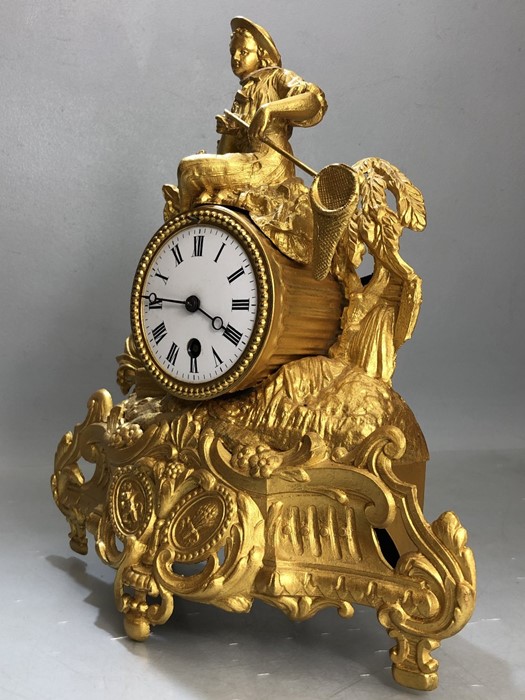 Late 19th Century French gilded mantel clock with enamel dial, in working order, approx 32cm in - Image 4 of 6