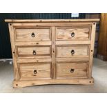 Large rustic-style pine chest of six drawers, approx 132cm x 48cm x 104cm tall