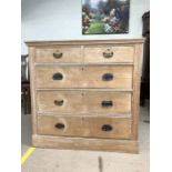 Pine chest of five drawers with metal handle detailing, approx 104cm x 49cm x 101cm tall