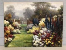 Large contemporary oil on canvas of an English garden scene, approx 116cm x 87cm