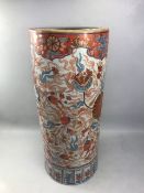 Large Chinese ceramic umbrella / stick stand with blue and red floral design and character mark to