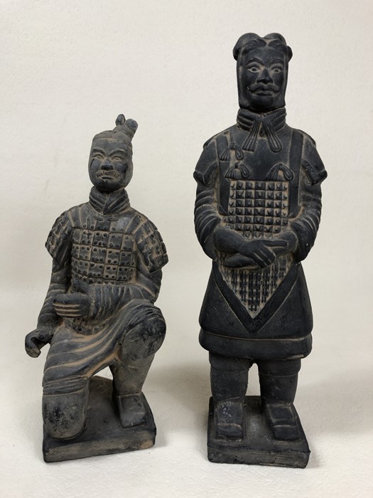 Two stone Chinese Warrior figures, one on bended knee, the tallest approx 26cm in height