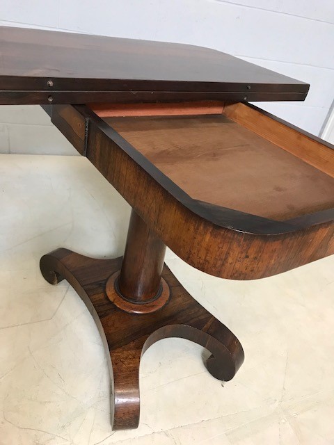 Walnut veneered card table on pedestal base with green baize, approx 92cm x 45cm x 72cm tall ( - Image 5 of 5