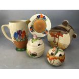 Collection of Clarice Cliff to include Bizarre pattern Biscuit barrell, 2 * preserve pots with lids,