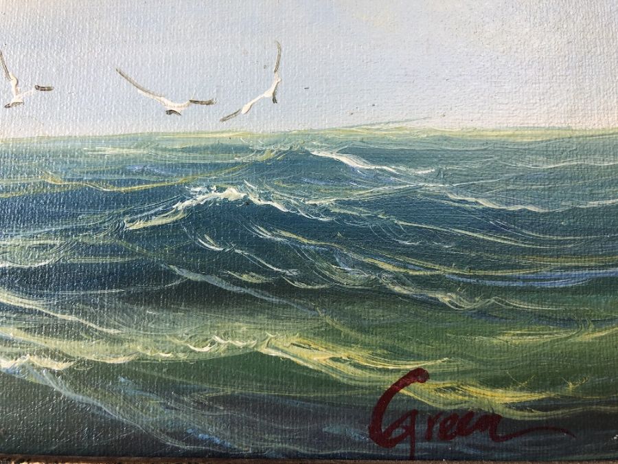 Oil on canvas of sailing ship at sea with seagulls, approx 39cm x 29cm, painting signed lower - Image 3 of 4