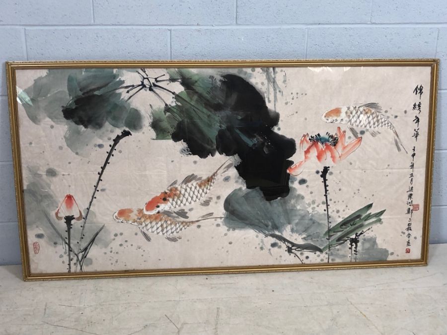 Very large framed Oriental / Chinese painting on silk of Koi Carp, approx 142cm x 74cm