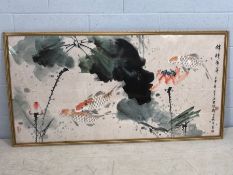 Very large framed Oriental / Chinese painting on silk of Koi Carp, approx 142cm x 74cm