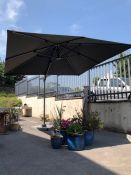 Large modern cantilever garden parasol and base, approx 3m square