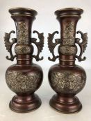 Pair of Chinese bronzed and brass vases with engraved chinese characters and applied brass