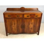 Small inlaid sideboard with two drawers and cupboards under, approx 116cm x 45cm x 83cm tall