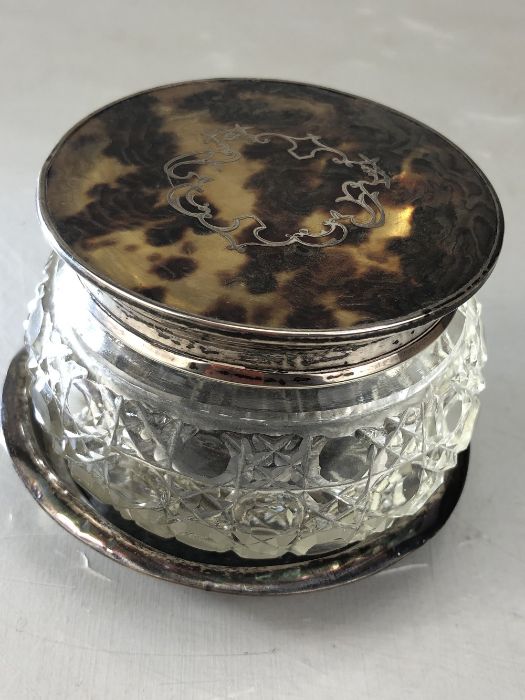 A glass Hallmarked silver and tortoise shell dressing table pot and a hallmarked silver and tortoise - Image 8 of 8