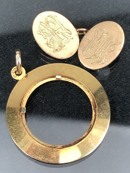 10ct Gold cufflink and a 9ct gold mount for a pendant or coin approx 6.5g