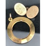 10ct Gold cufflink and a 9ct gold mount for a pendant or coin approx 6.5g