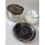 A glass Hallmarked silver and tortoise shell dressing table pot and a hallmarked silver and tortoise