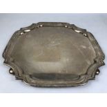 Hallmarked silver tray by Walker & Hall Sheffield approx 34cm square on ball feet and approx 1,128g