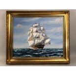 Oil on board of a sailing ship in full sail, approx 49cm x 39cm, gilt frame