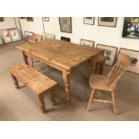 Pine kitchen farmhouse table on turned legs, approx 155cm x 90cm x 78cm tall, along with two low