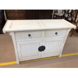 Oriental style white painted cabinet / sideboard with two drawers and cupboards under