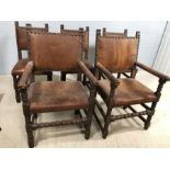 Set of four leather upholstered and studded gothic / mediaeval style banqueting chairs on heavy